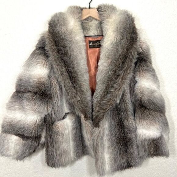 Vintage 80’s Faux Fur Coat Grey Cream White Pelted Jacket Mob Wife Size 14 - Picture 13 of 13